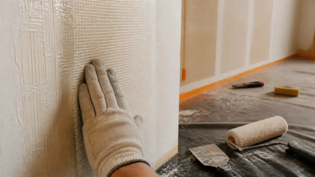Pose toile de verre murale : main gantée maroufle la toile sur mur encollé, sans bulles