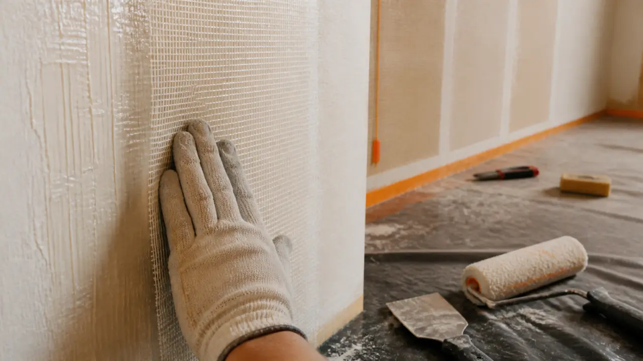 Pose toile de verre murale : main gantée maroufle la toile sur mur encollé, sans bulles