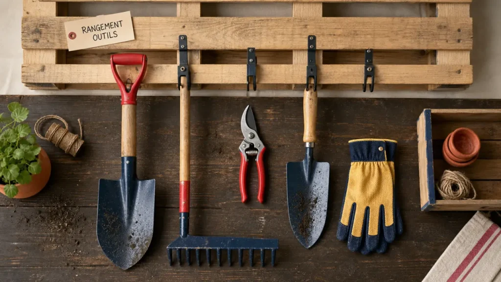 Râtelier pour outils de jardinage sur établi, rangement mural soigné et gain de place