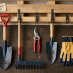 Râtelier pour outils de jardinage sur établi, rangement mural soigné et gain de place