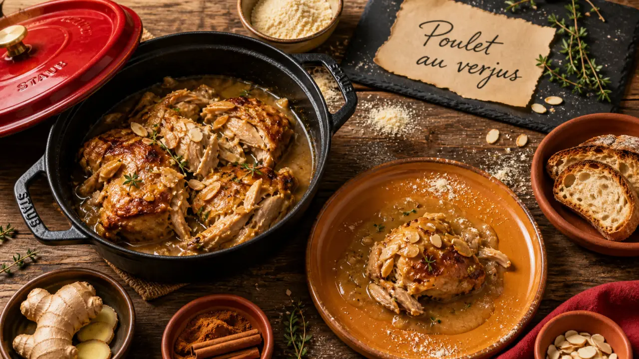 Recettes médiévales : 125 recettes de cuisine du moyen âge — poulet au verjus, macro sur table médiévale