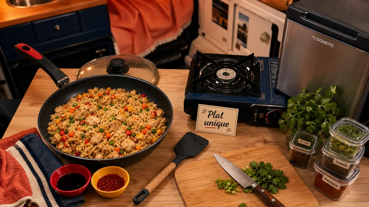 Repas camping car : poêle ouverte, riz sauté au poulet