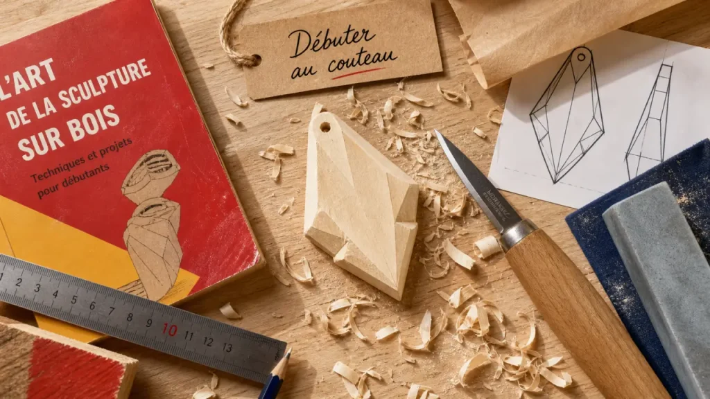 Sculture sur bois pour debutant : couteau, gabarit et bois tendre en atelier