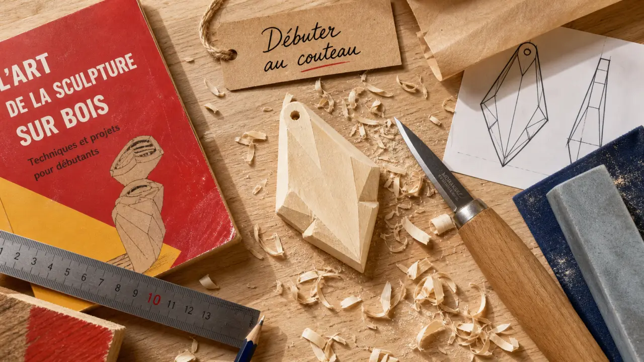 Sculture sur bois pour debutant : couteau, gabarit et bois tendre en atelier