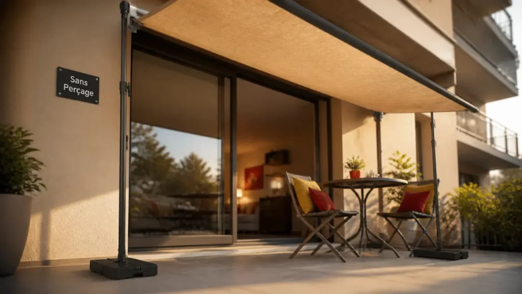 Store banne sans perçage sur balcon, pose sans percer