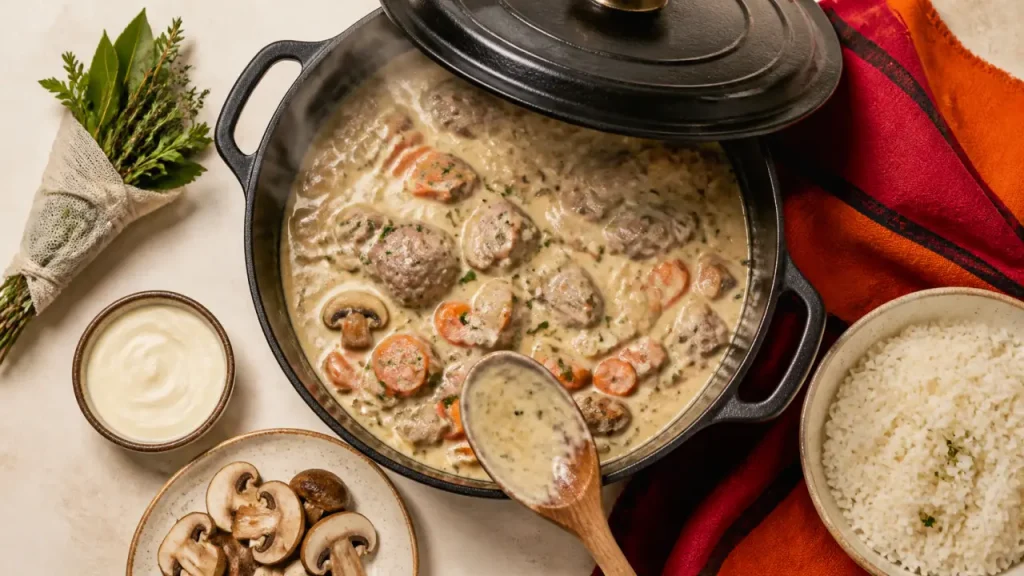 Vieilles recettes de cuisine de grand-mère : cocotte mijotée veau carottes prête à servir