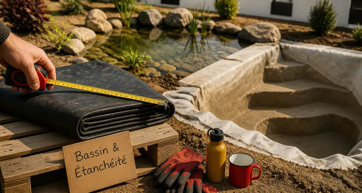 Construire un bassin : pose EPDM et paliers de bassin, vue au jardin