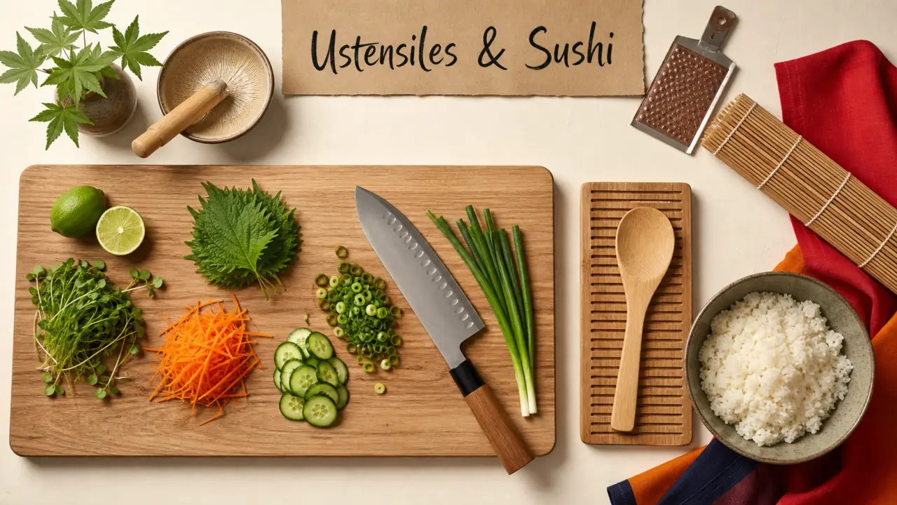 Cuisine japonaise ustensiles : riz à sushi, santoku, makisu, suribachi et oroshigane