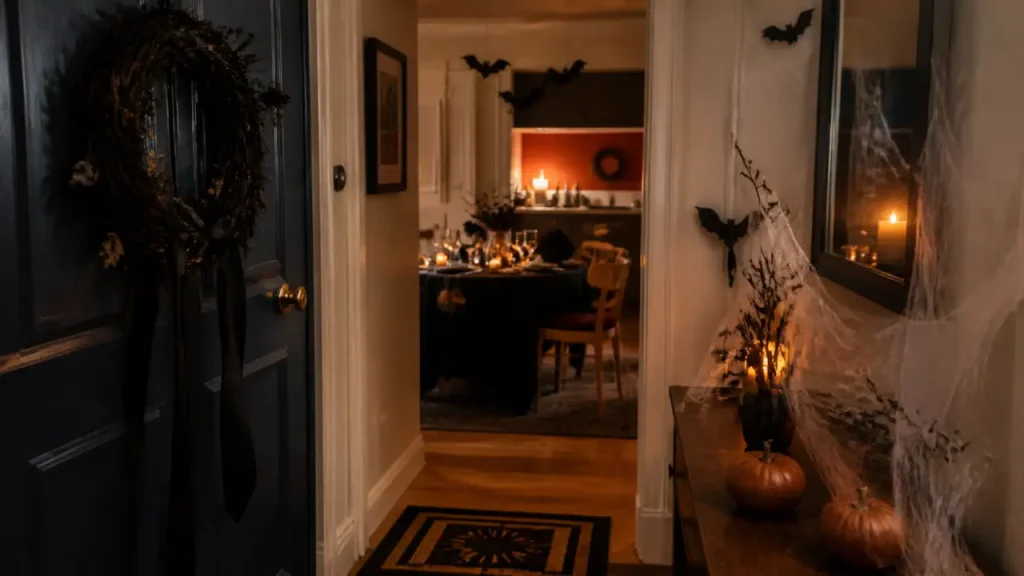 Déco halloween maison : entrée sombre avec couronne, citrouilles et toiles