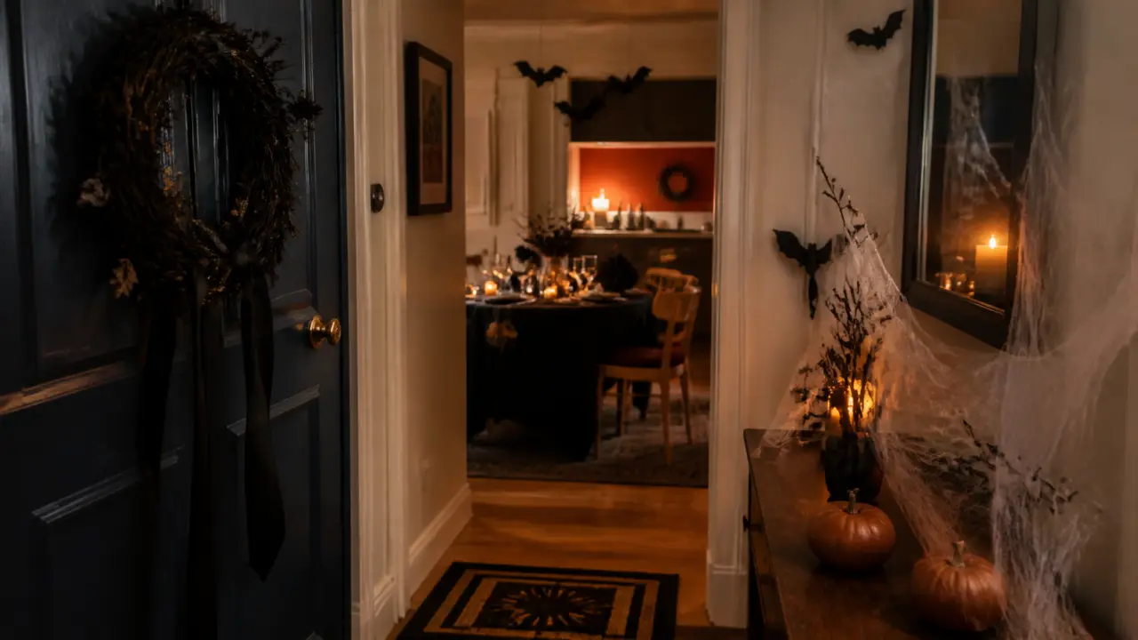Déco halloween maison : entrée sombre avec couronne, citrouilles et toiles