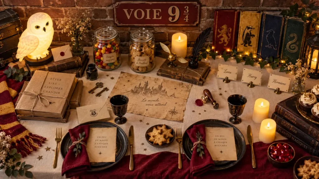 Décoration harry potter : table Voie 9 3/4, livres et bougies