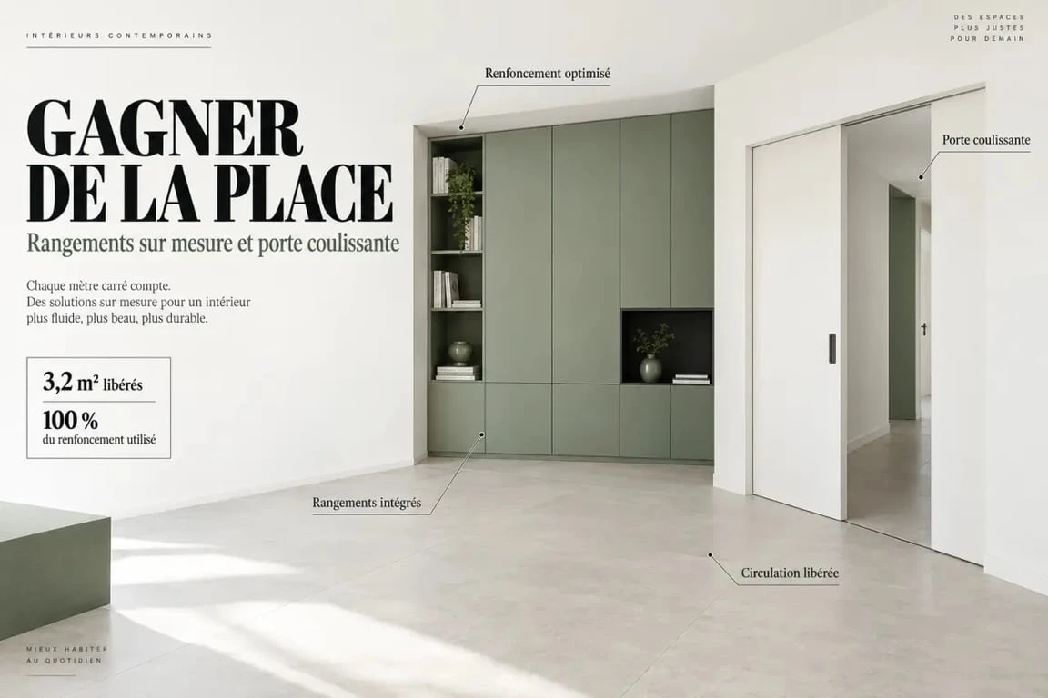 Aménagement intérieur optimisant la circulation avec rangements sur mesure et porte coulissante