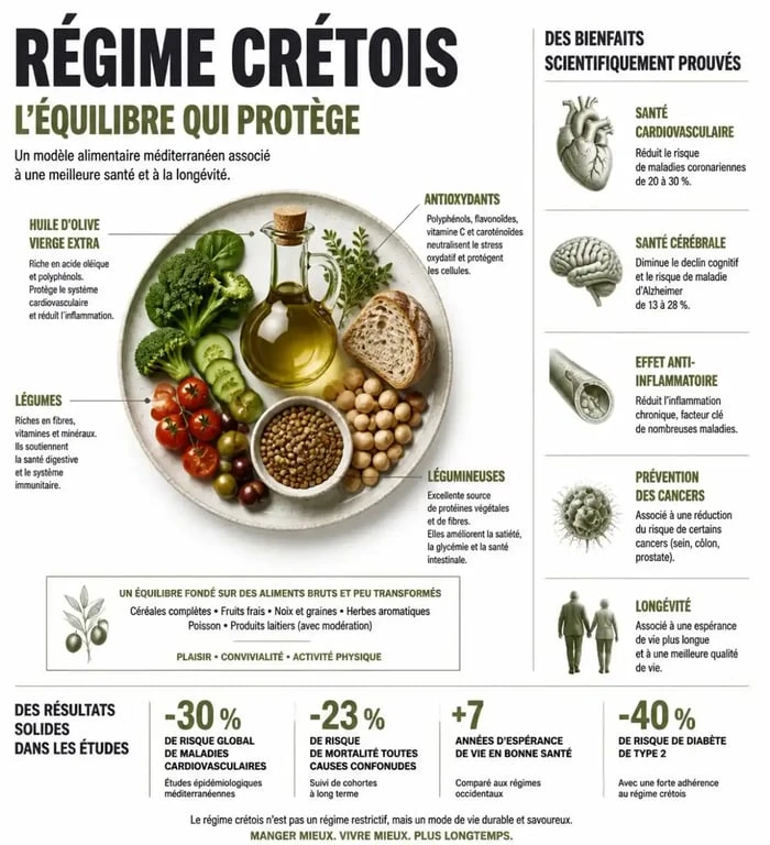 Infographie sur les bienfaits nutritionnels du régime crétois pour la santé