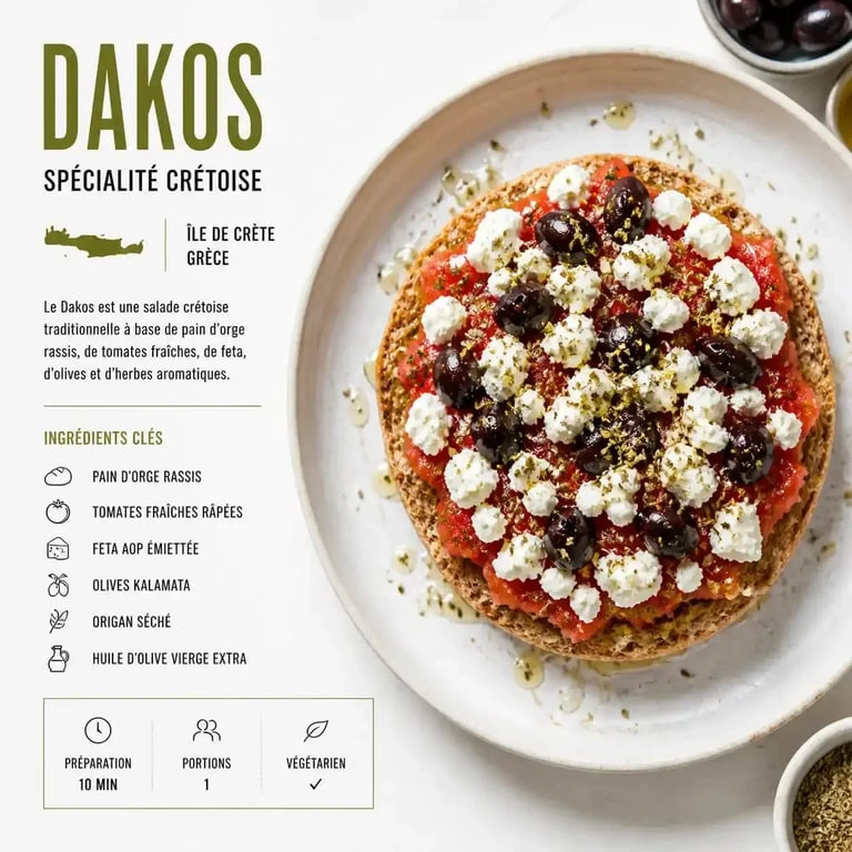 Recette du Dakos crétois traditionnel avec tomates, feta et olives