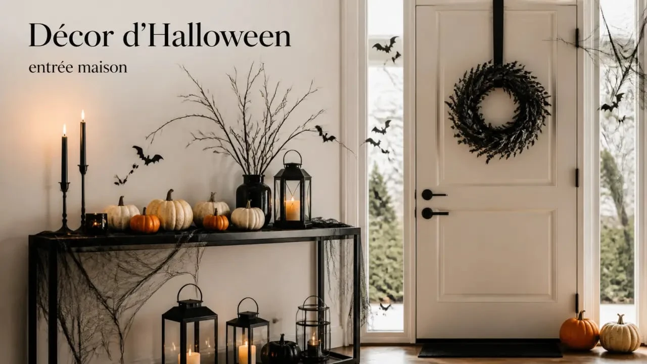Déco halloween maison dans une entrée et une table décorées pièce par pièce