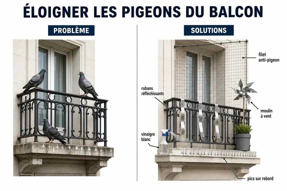 Recette de grand mere pour faire fuir les pigeons : solutions maison et barrières physiques sur balcon