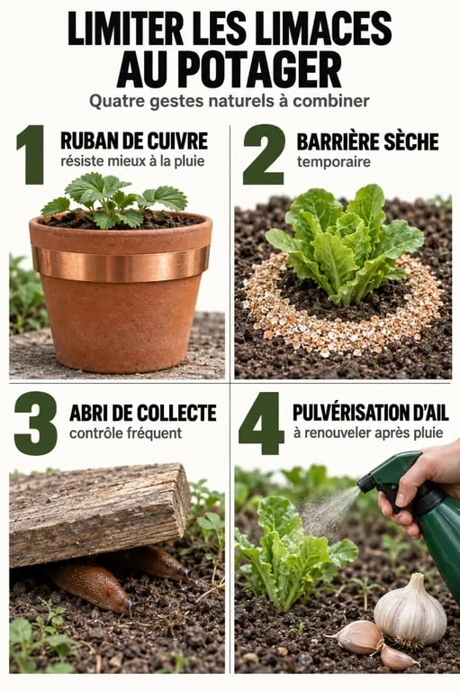 Répulsif naturel limace : comparaison visuelle du cuivre, des barrières sèches, des abris de collecte et de l’ail au potager