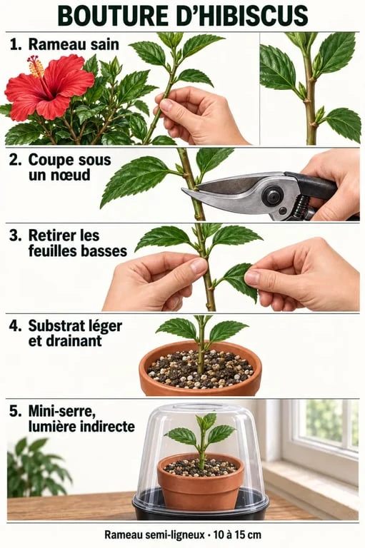 Étapes illustrées pour réussir une bouture d’hibiscus extérieur