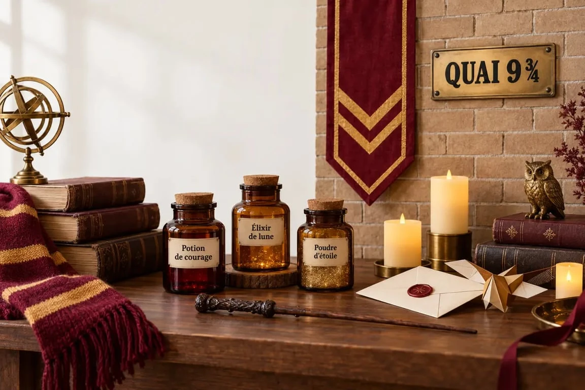 Décoration Harry Potter pour une fête avec mur de briques et panneau Quai 9 3/4