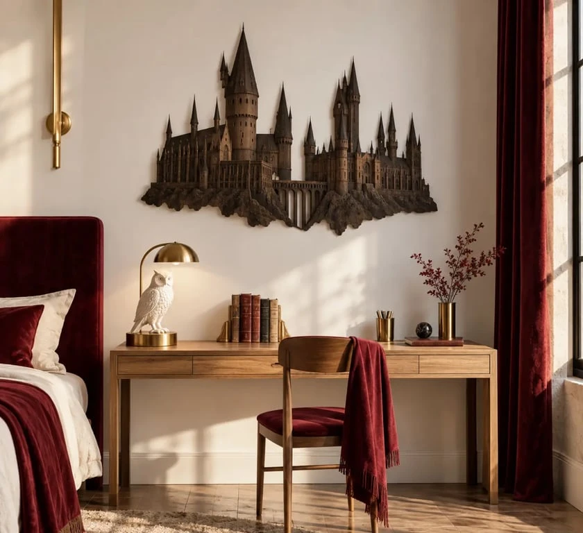 Décoration Harry Potter dans une chambre avec affiche de Poudlard et lampe Hedwige