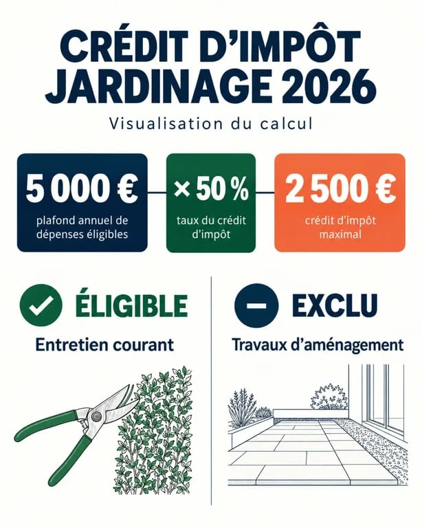 Infographie sur le crédit d'impôt jardinage 2026, son taux de 50 % et son plafond de 2 500 €