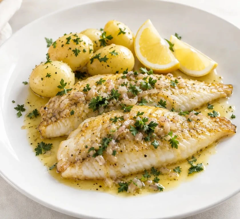 Recette limande au four au citron, beurre et persil servie avec des pommes de terre