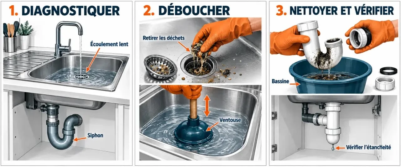 Étapes pour déboucher une canalisation bouchée avec une ventouse et le nettoyage du siphon