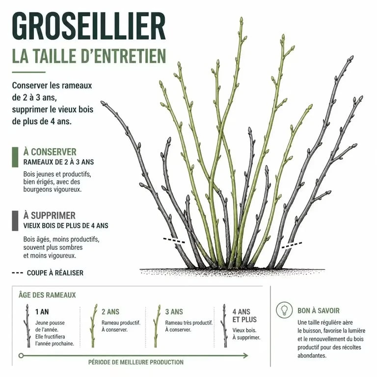 Illustration des étapes de taille pour un groseillier productif