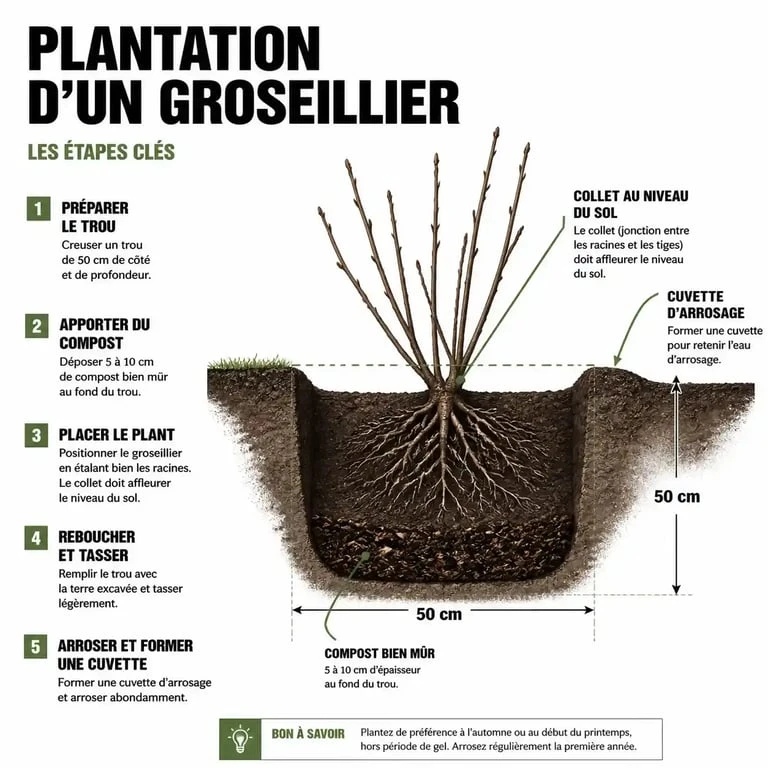 Schéma technique pour réussir la plantation d'un groseillier au jardin