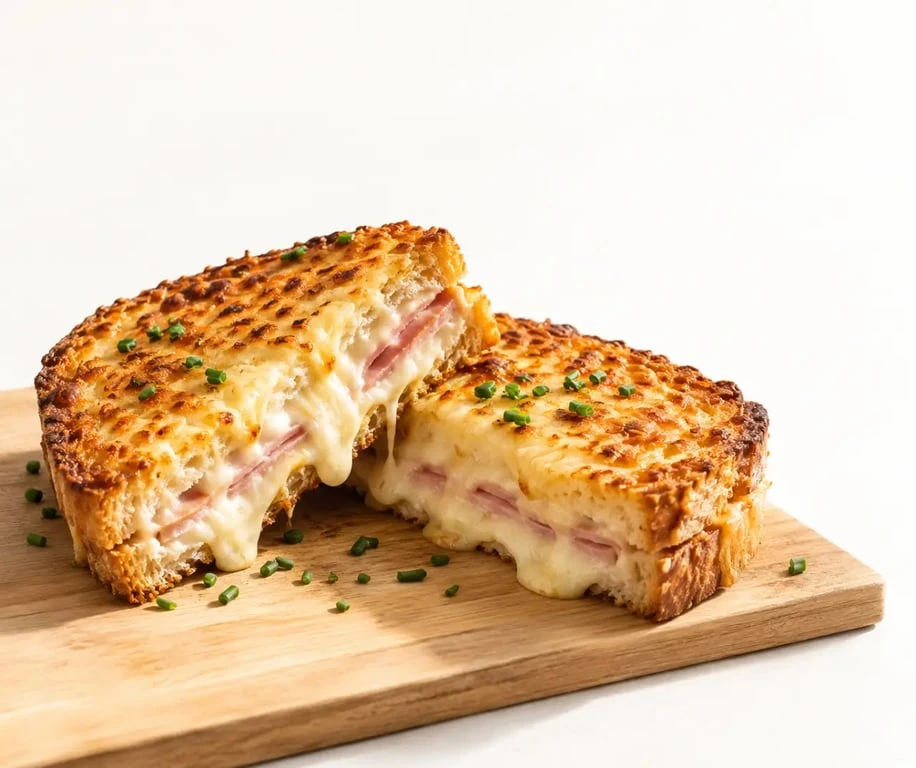 Recette croque monsieur façon Cyril Lignac coupé en deux avec gruyère fondant et ciboulette