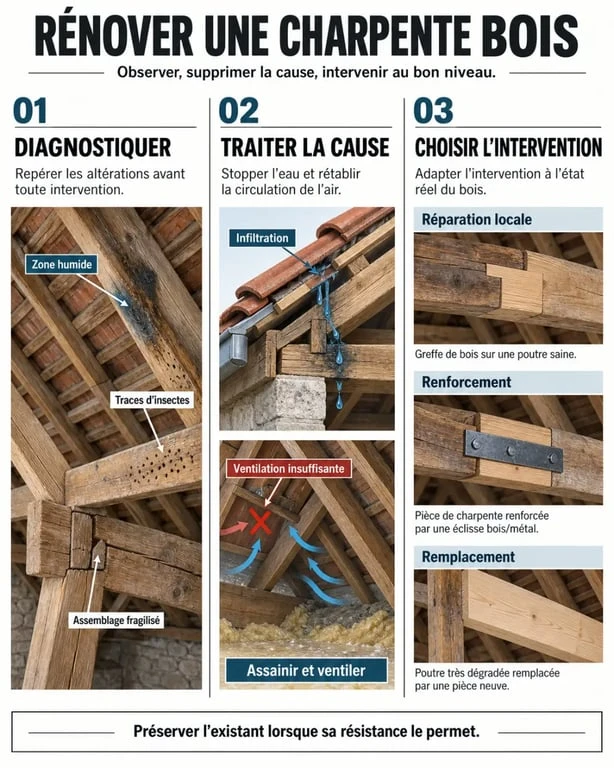 Infographie sur la rénovation charpente bois : diagnostic, traitement de l’humidité et renforcement