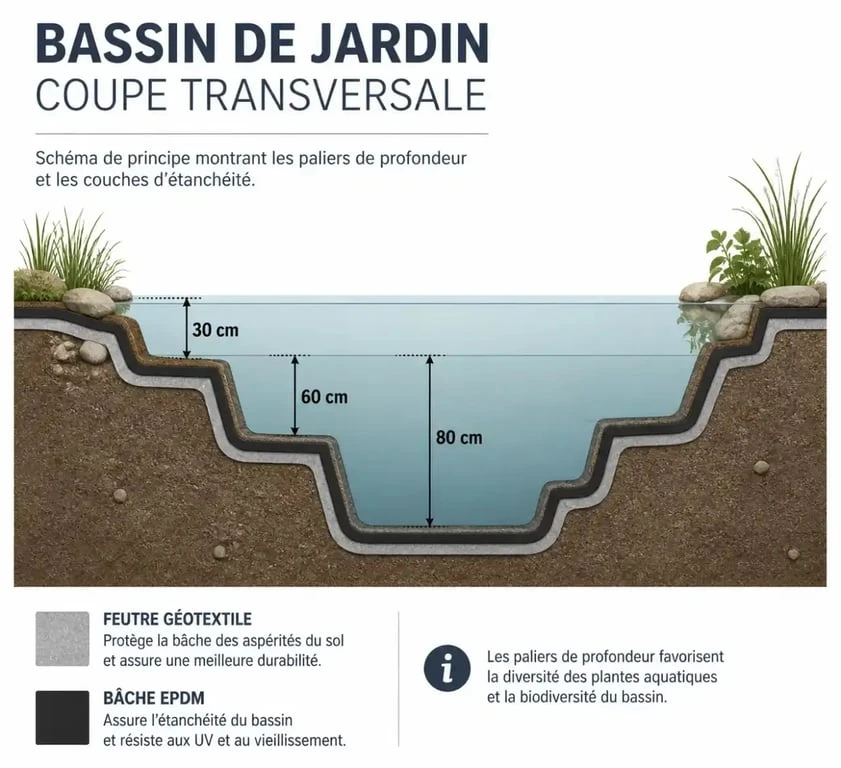 Schéma technique de construction d'un bassin de jardin avec paliers et étanchéité