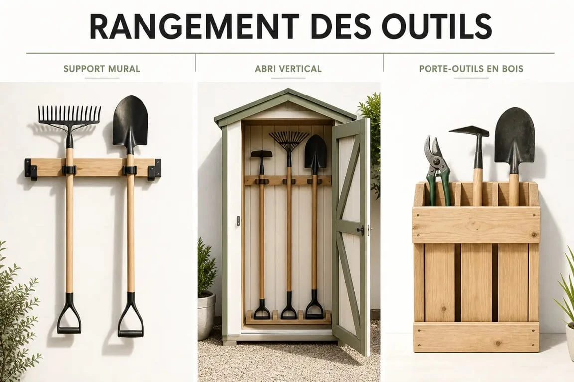 Support pour outils de jardinage : comparaison visuelle d’un support mural horizontal, vertical et d’un porte-outils DIY