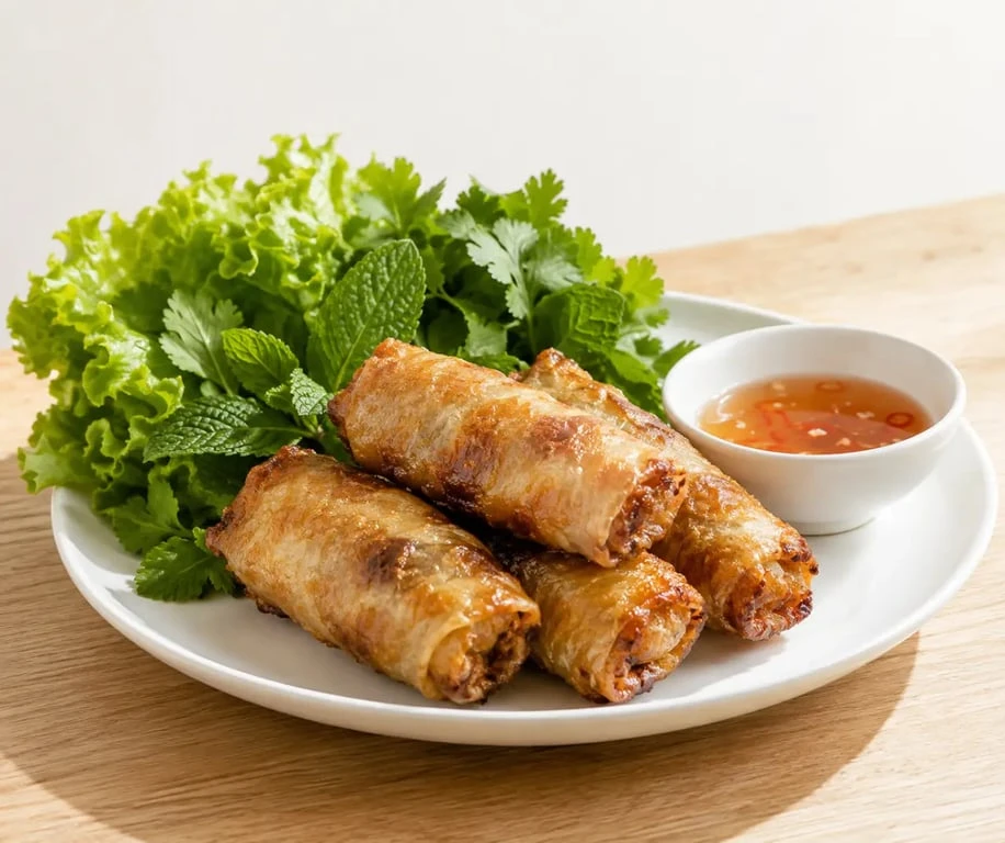 Recettes cuisine chinoise traditionnelle : nems au porc dorés servis avec salade et sauce