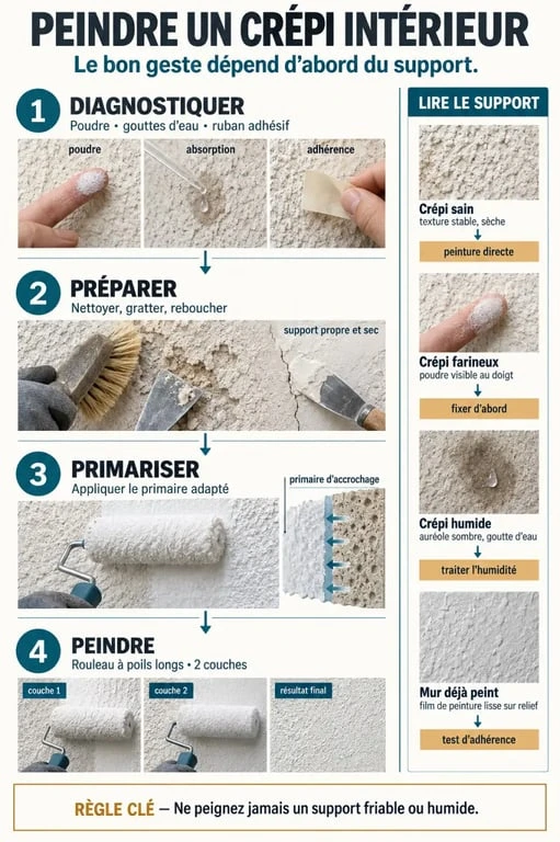 Infographie sur la peinture pour crépi intérieur et les étapes de préparation du mur