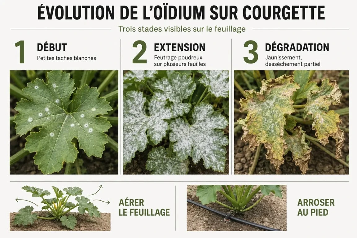 Oïdium courgette : évolution des symptômes avec taches blanches, feutrage et feuilles jaunies