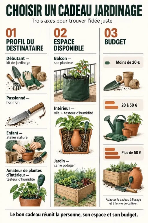Infographie d’idées de cadeau jardinage selon le profil, l’espace et le budget