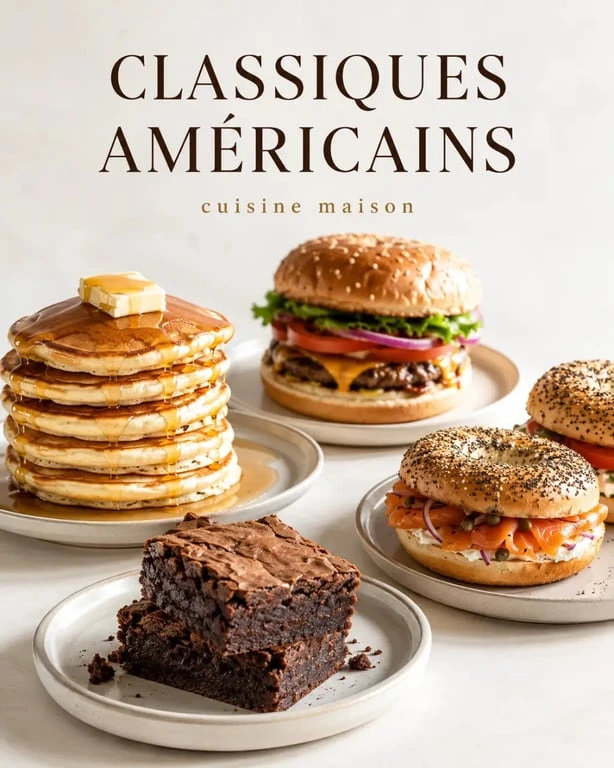 Cuisine americaine recettes : table gourmande avec pancakes moelleux, burger maison, brownie fondant et bagels