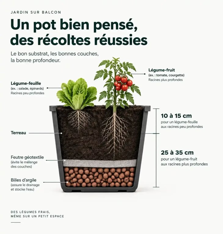 Schéma du drainage et de la profondeur d'un pot pour aménager un potager urbain sur son balcon