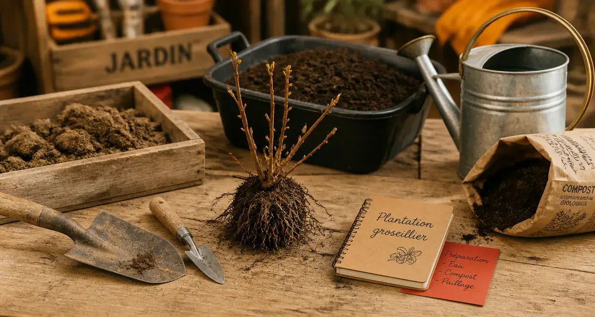 Planter groseiller : bêche, terreau et jeune plant en motte