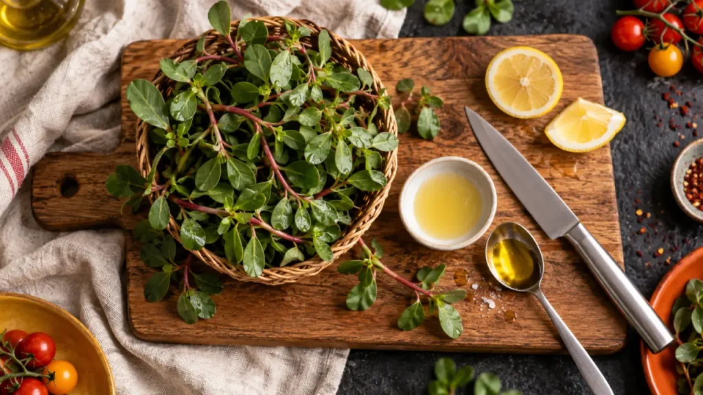 Pourpier comestible frais en panier, feuilles charnues