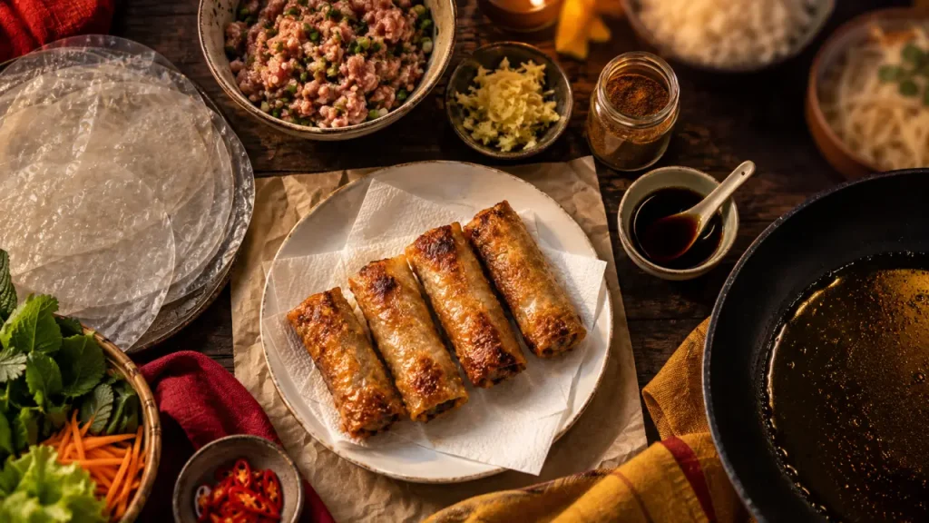 Nems au porc croustillants, riz cantonais et porc au caramel, recettes cuisine chinoise traditionnelle