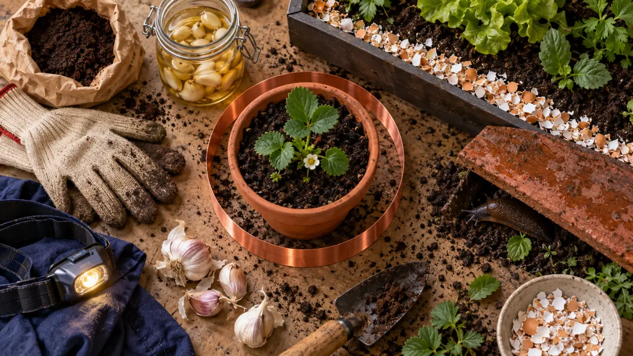 Répulsif naturel limace : ruban de cuivre et coquilles d’œuf autour d’une jeune pousse