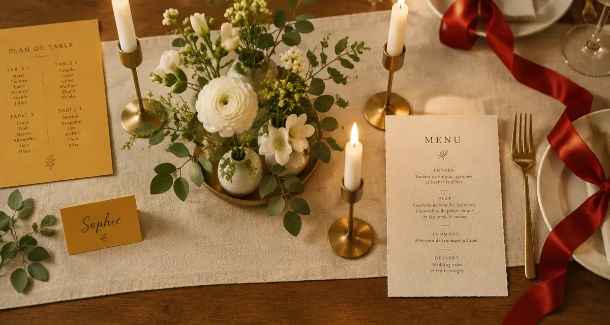Décoration mariage simple et chic : table lin ivoire, menus crème et bougeoirs dorés