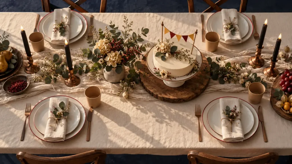 Décoration table anniversaire chic et harmonieuse, nappage ivoire, bougies LED et assiettes blanches