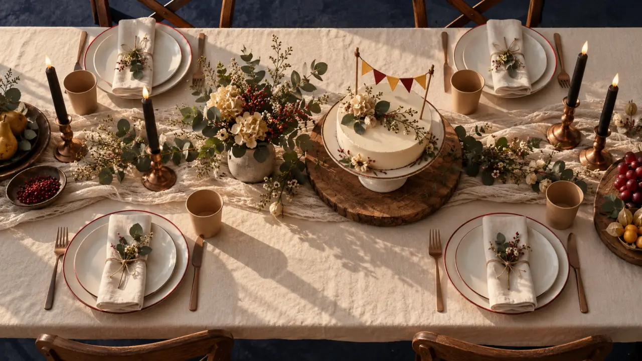Décoration table anniversaire chic et harmonieuse, nappage ivoire, bougies LED et assiettes blanches