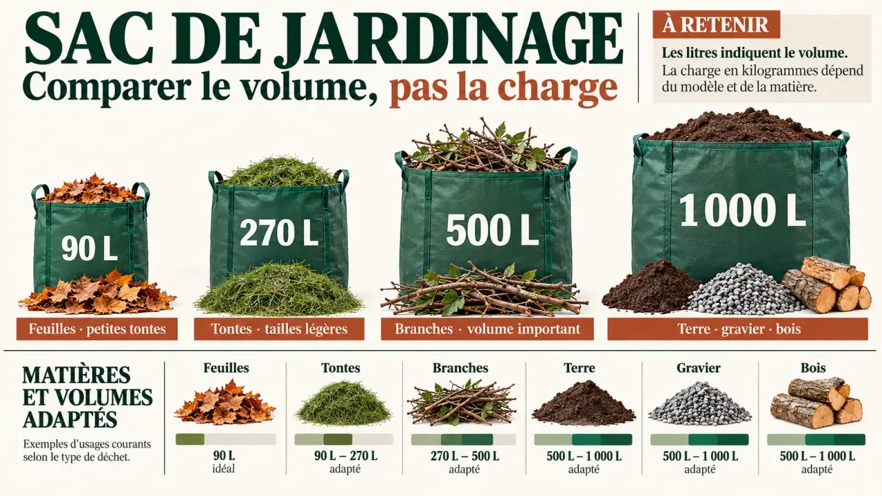 Infographie comparative des capacités d’un sac de jardinage selon les déchets et la charge