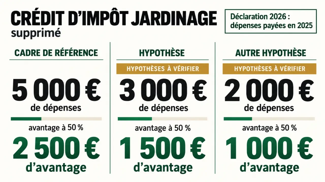 Infographie sur le crédit d'impôt jardinage supprimé, les plafonds de dépenses et les hypothèses de réforme