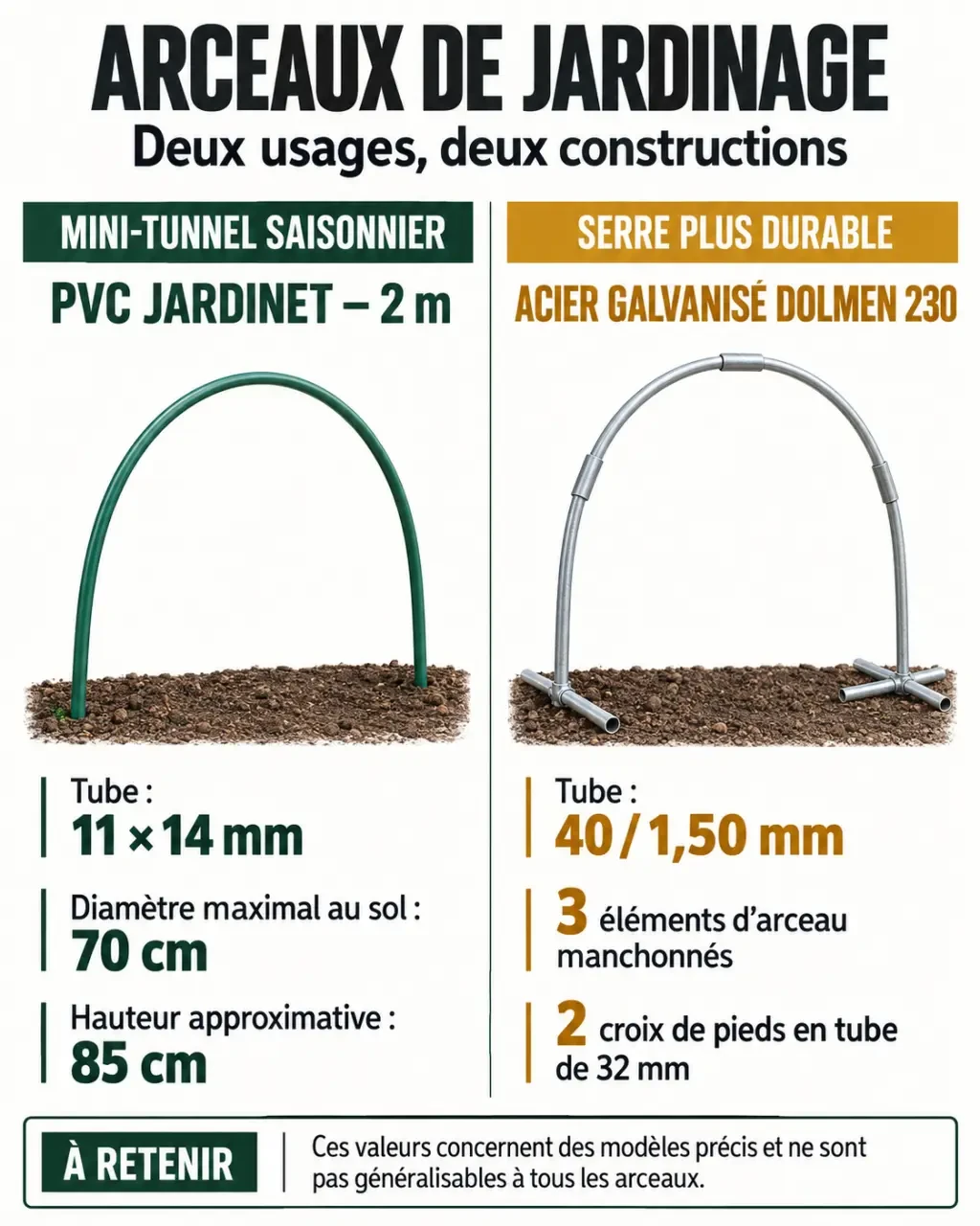 Infographie comparative sur les arceaux de jardinage en PVC et en acier galvanisé