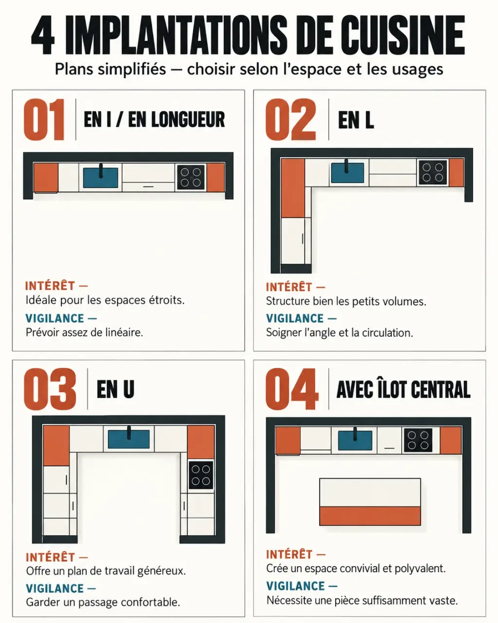 Cuisine Références : infographie des implantations de cuisine équipée en I, en L, en U et avec îlot central